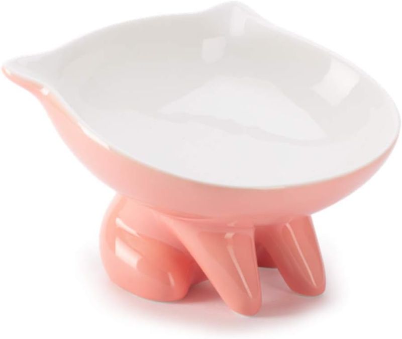 Photo 1 of Raised Ceramic Cat Food Q Bowl Dish, Tilt Angle Protect Cat's Spine, Stress for Cat - Pink