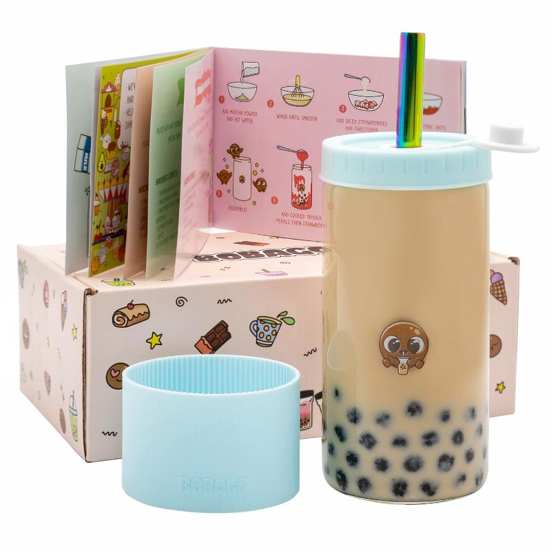 Photo 1 of BobaGO Reusable Boba Cup with Straw, Bubble Tea Cup with Recipe Book, Reusable Boba Cups with Lids, Boba Tumbler, Boba Tea Cup and Boba Jar, Bubble Tea Gift Set with Cup 17 ounce… (Sky Blue, 20oz)