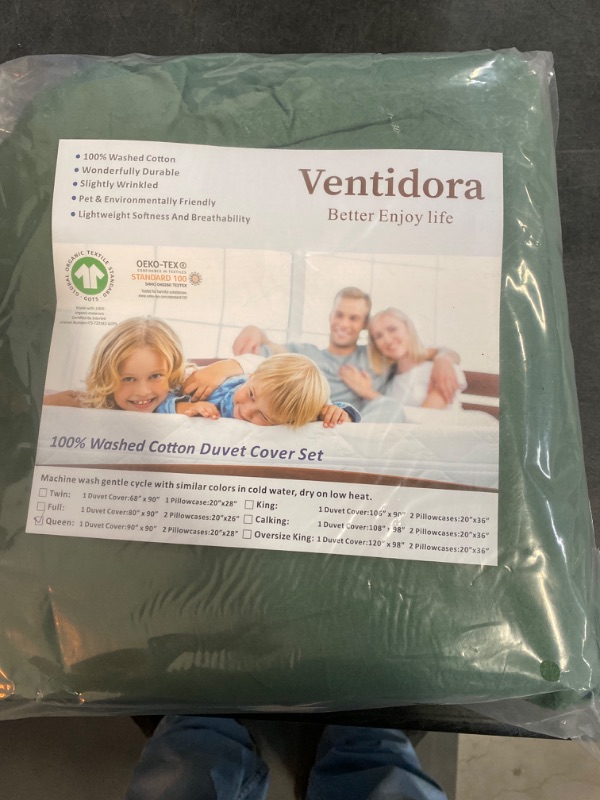 Photo 2 of Ventidora Green 3 Piece Duvet Cover Set Queen Size,100% Organic Washed Cotton Linen Feel Like Textured, Luxury Soft and Breatheable Bedding Set with Zipper Closure(1 Comforter Cover + 2 Pillowcases)