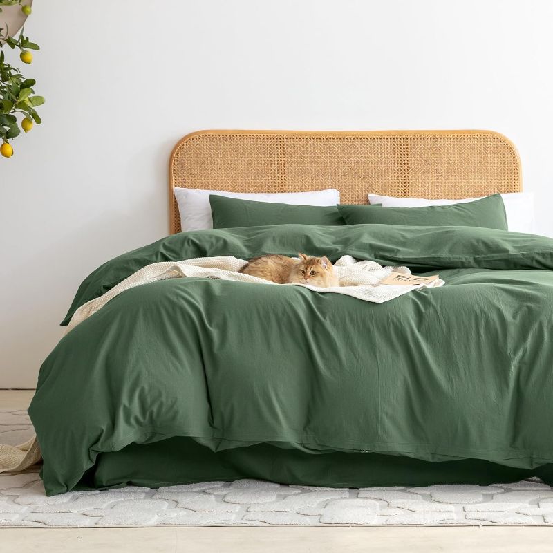 Photo 1 of Ventidora Green 3 Piece Duvet Cover Set Queen Size,100% Organic Washed Cotton Linen Feel Like Textured, Luxury Soft and Breatheable Bedding Set with Zipper Closure(1 Comforter Cover + 2 Pillowcases)