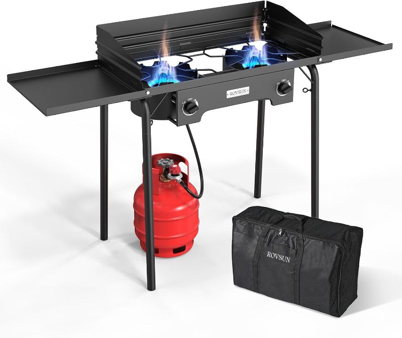 Photo 1 of ROVSUN 2 Burner Outdoor Propane Gas Stove with Regulator, Windpanel, Bag & Side Shelves, 150,000 BTU Powerful Stand Cooker for Backyard Cooking Camping Home Brewing Canning Turkey Frying