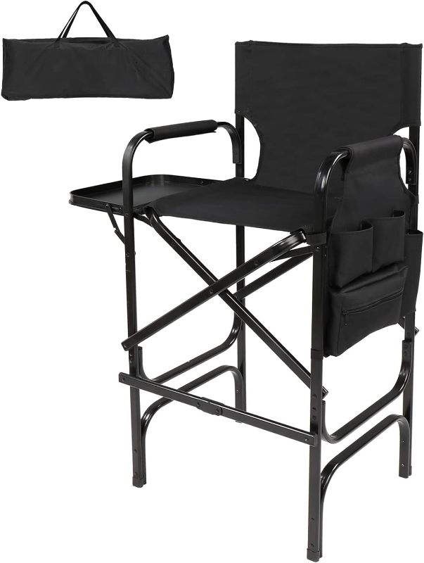 Photo 1 of mefeir 30" Tall Directors Chair Black Folding with Side Table Storage Bag,Portable Makeup Artist Bar Height, Aluminum Frame 300 lbs Capacity, 19.2" D x 23.6" W x 45.6" H