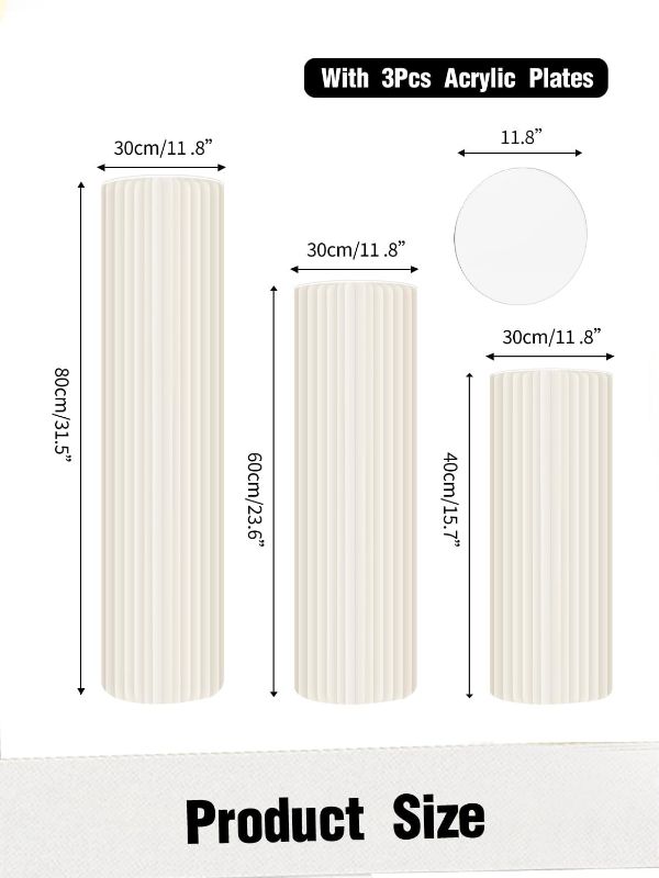 Photo 2 of Cylinder Stands for Party 3Pcs Round Pedestal Stand Foldable Cardboard Columns Cylinder Tables for Parties Baby Shower Birthday Wedding Pillars Display Decoration