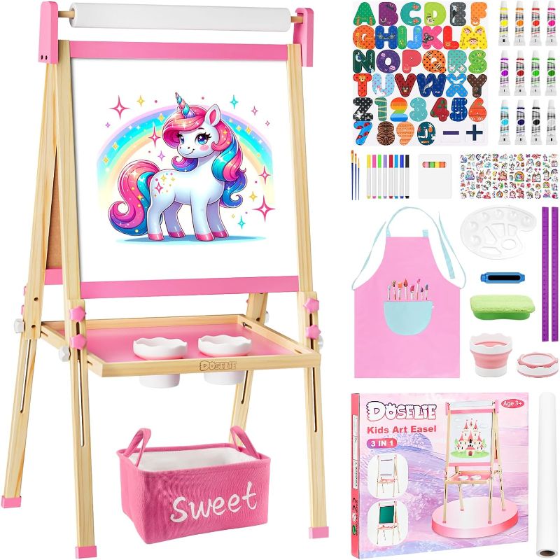 Photo 1 of Easel for Kids,Adjustable Wooden Toddler Art Easels, Girls Toys for Ages 5-7,8-13,2-4, Magnetic White Board and Chalk Board with Art Supplies, 2 3 4 5 6 7 8 9 10 Year Old Girl Birthday Gift