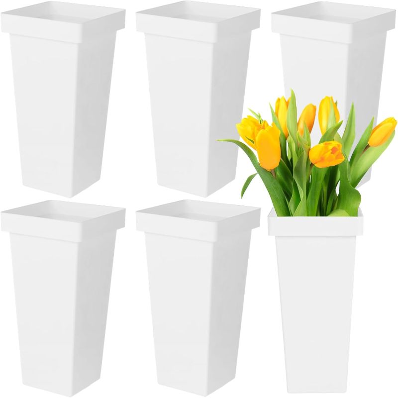 Photo 1 of 6 Pcs Plastic Flower Buckets, 13.4in White Square Flower Display Buckets, Modern Floral Vases for Cut Flowers, French Flower Bucket?White Flower Bucket, Stylish Buckets for Home, Wedding Decor