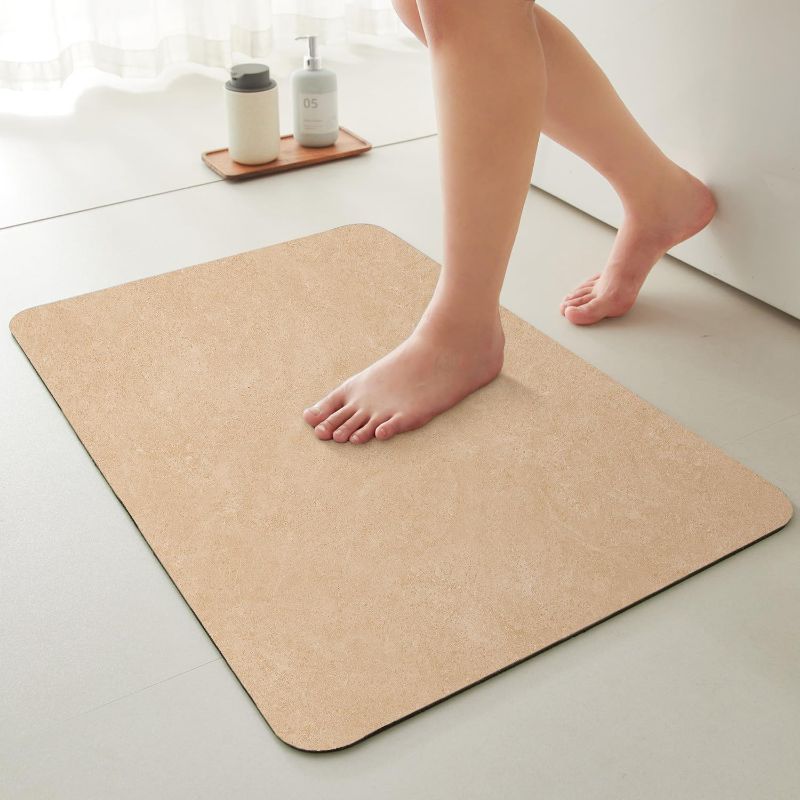 Photo 1 of Quick Dry Bath Mat, Bathroom Rugs Non Slip Washable Thin Absorbent Bath Mat Fits Under Door Bathroom Floor Mat Perfect for Bath, Shower, or Sink 24"x36" Beige