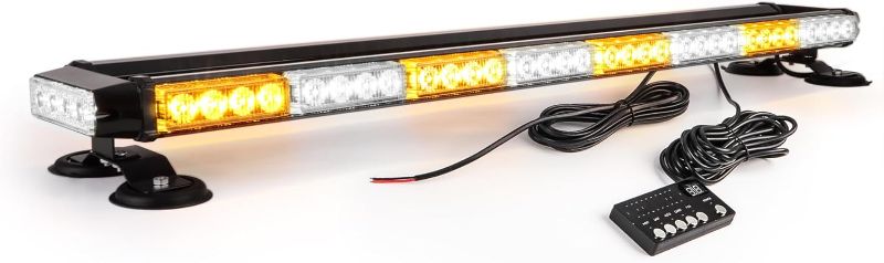 Photo 1 of 38" Amber Yellow Rooftop Beacon Warning Emergency Flashing Snow Plow Light Bar Double Side Strobe Light Traffic Advisor with Magnetic Base for Tow Work Truck Pickup (Amber/White/Amber)