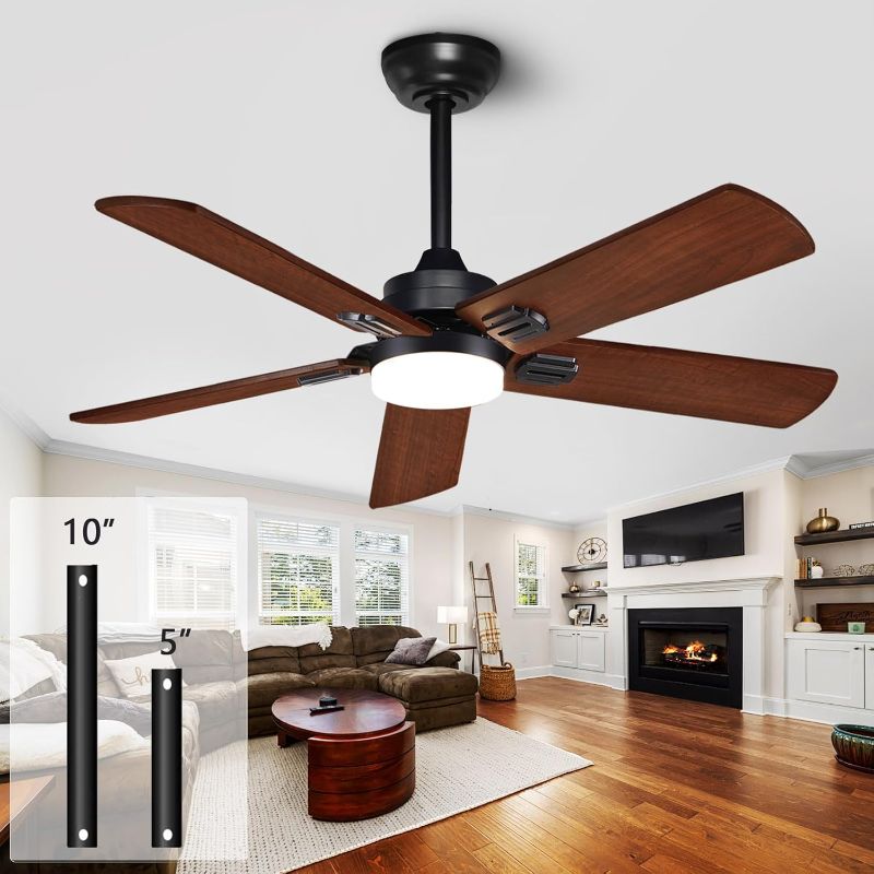 Photo 1 of 42" Wooden Ceiling Fan with Remote Control with Light (LED), Modern Reversible DC Motor Indoor Outdoor 5 Blade Ceiling Fan for Patio, Bedroom and Farmhouse (Black + Walnut)