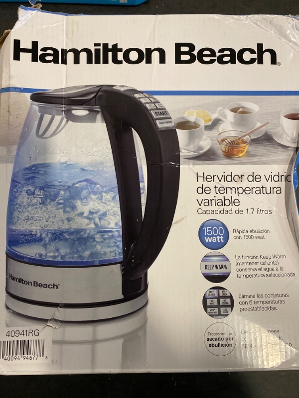 Photo 3 of Hamilton Beach 1.7L Electric Tea Kettle, Water Boiler & Heater, LED Indicator, Built-In Mesh Filter, Auto-Shutoff & Boil-Dry Protection, Cordless Serving, Variable Temp, Clear Glass (40941R)