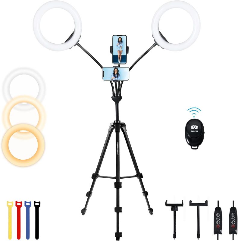 Photo 1 of 8'' Dual Ring Light with Tripod Stand & 2 Phone Holders for Double Brightness, LED Selfie Ring Light with Remote Shutter for Live Stream/YouTube/Video Recording/Makeup/Vlogging, up to 5.9ft Tall