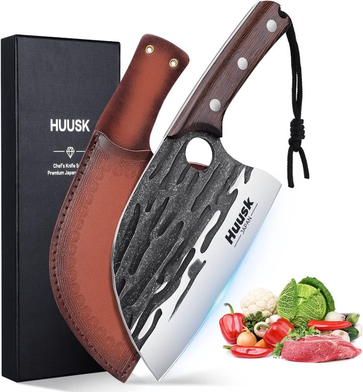 Photo 1 of Huusk Japan Knives, Upgraded Serbian Chef Knife Japanese Meat Cleaver Knife for Meat Cutting Forged Butcher Knife with Sheath Full Tang Kitchen Chopping Knife for Home, Outdoor Cooking, Camping