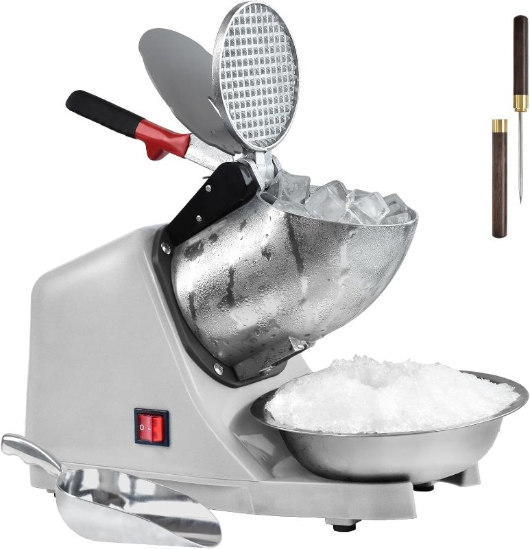 Photo 1 of Electric Shaved Ice Machine,with Ice Pick and Scoop,3 Blades of Electric Snow Cone Machine(300W 2200r/min),Splash Proof Ice Shaver Machine,Ice Crusher Machine for Home Commercial Use (Silver)