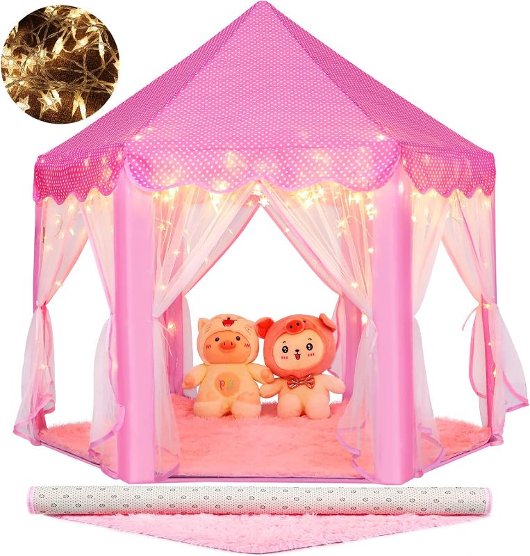 Photo 1 of Monobeach Princess Tent Girls Large Playhouse Kids Castle Play Tent with Star Lights Toy for Children Indoor and Outdoor Games, 55'' x 53'' (DxH) (Pink Princess Tent