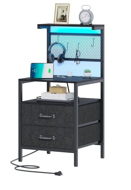 Photo 1 of Tall Nightstand with Charging Station and LED Lights, Night Stand with Fabric Drawers, Bedside Table 36.4 Inch with Storage Shelves, Side Table, Mesh Shelves with Hooks, Black