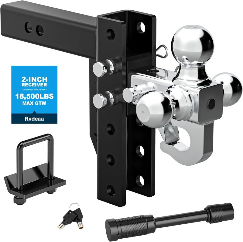 Photo 1 of Adjustable Trailer Hitch Ball Mount with Hook, Tri-Ball (1-7/8" x 2" x 2-5/16") Drop Hitch,6 Inch Drop Hitch, Fits 2-Inch Receiver 18500 LBS GTW,Anti-Theft Pins Locks,Tow Hitch for Heavy Duty Truck