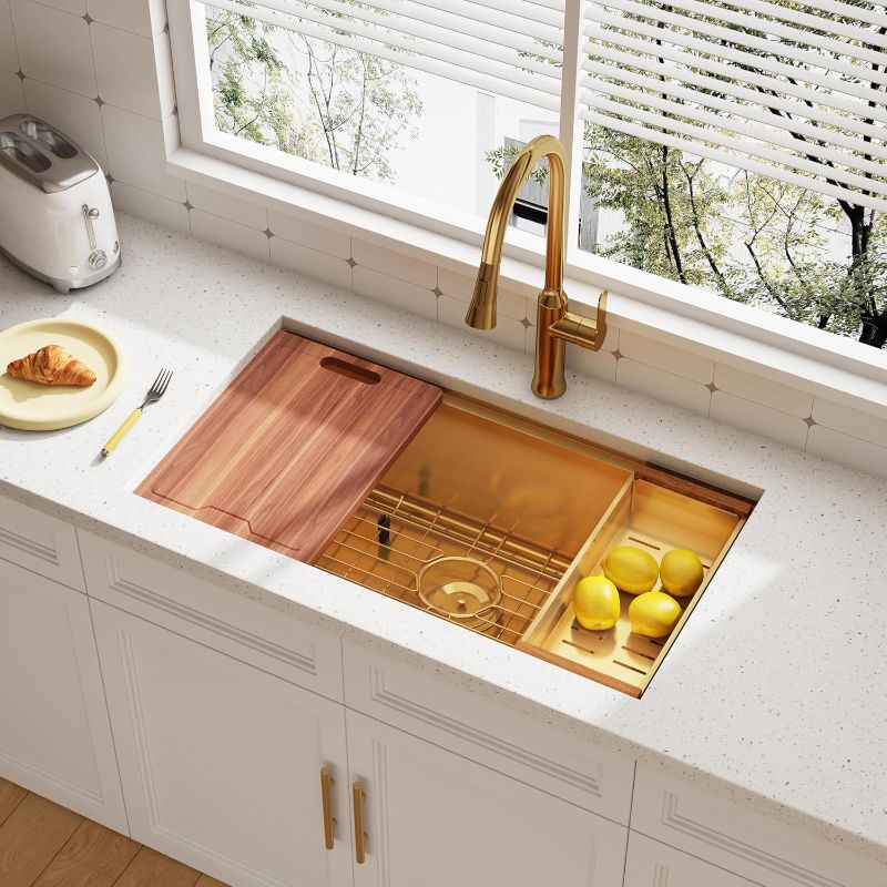 Photo 1 of 32 Inch Gold Kitchen Sink Undermount Workstation 16 Gauge Stainless Steel Spacious Single Bowl Sinks with Ledge and Accessories 32" x 18" x 10"