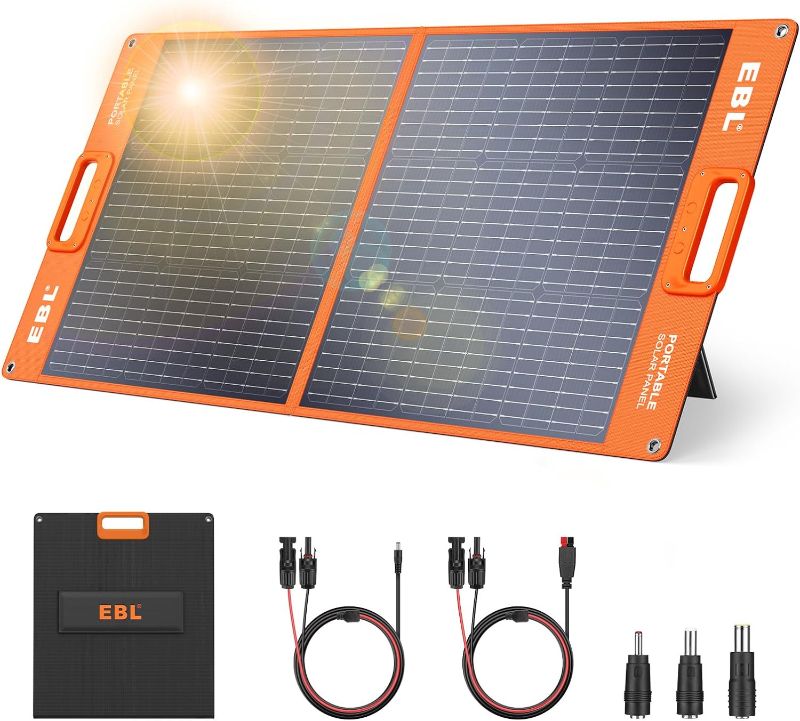 Photo 1 of EBL Solar Apollo 100W Portable Solar Panel (Upgraded) for 240/300/500/1000/1500/2000 Power Station, with Adjustable Kickstand and Parallel Cable, Waterproof IP65 for Outdoor Camping Hiking RV Trip