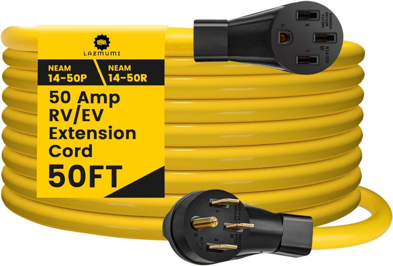 Photo 1 of 50 Amp 50 FT RV/EV Extension Cord, 4 Prong NEMA 14-50P to 14-50R 50F/50M Cable Suit for RV Trailer Campers, Tesla Model 3-S-X-Y, Heavy Duty STW Cord with Cord Organizer