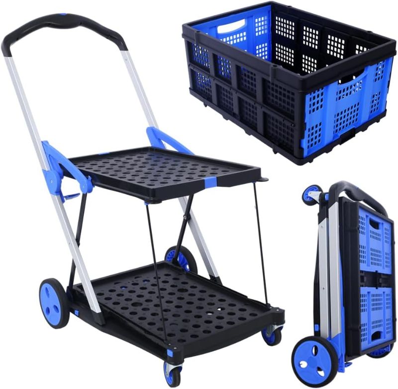 Photo 1 of Collapsible Shopping Cart, 2-Tier Folding Shopping Cart with Wheels, Collapsible Utility Cart with Storage Crate, Multi Use Functional Collapsible Carts, Foldable Shopping Cart for Groceries, Office