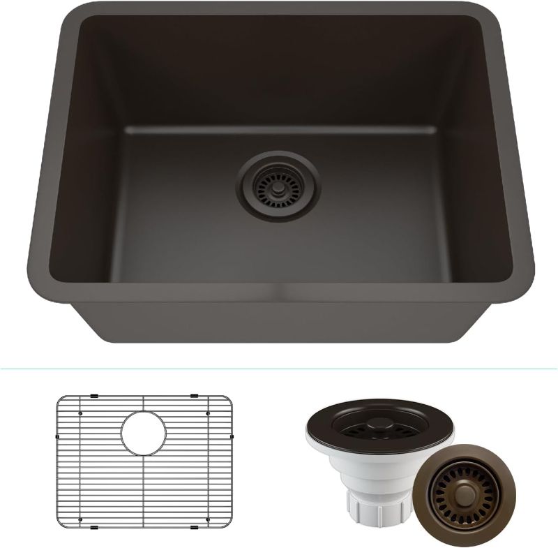 Photo 1 of 23" x 18" Quartz Kitchen Sink, Single Bowl Kitchen Sinks, Drop in Kitchen Sink, Granite Composite Kitchen Sink, Undermount Sink, Galaxy Mocha Kitchen Sink, Includes Grid, Strainer, Flange LP-2318-M