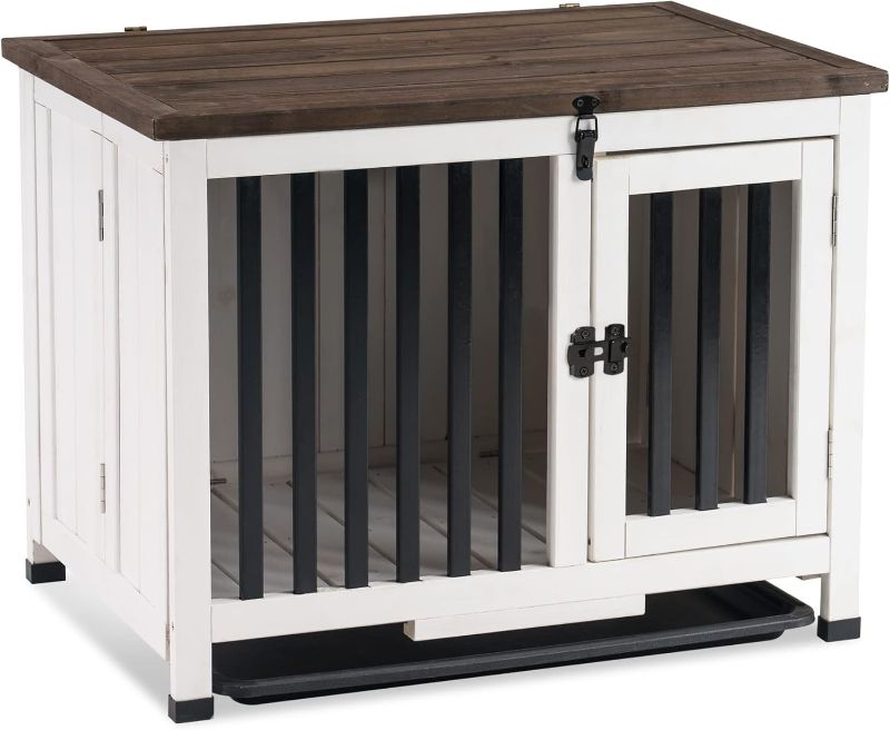 Photo 1 of MCombo Wooden Dog Crate Furniture, Dog Kennel Pet House End Table, Solid Wood Portable Foldable Indoor Cage for Dogs, No Assembly Needed (Small, White and Brown)