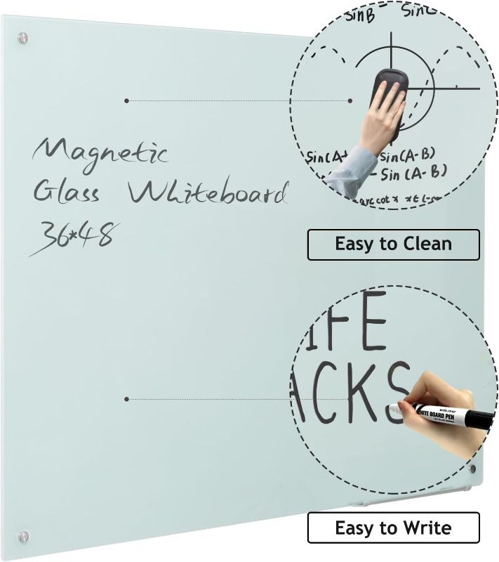 Photo 1 of Glass Whiteboard Magnetic Dry Erase Board - White Board 36 x 24 Inches Wall Mounted Glass Whiteboard, Large Frameless Glass White Board for Wall Office, Home & School