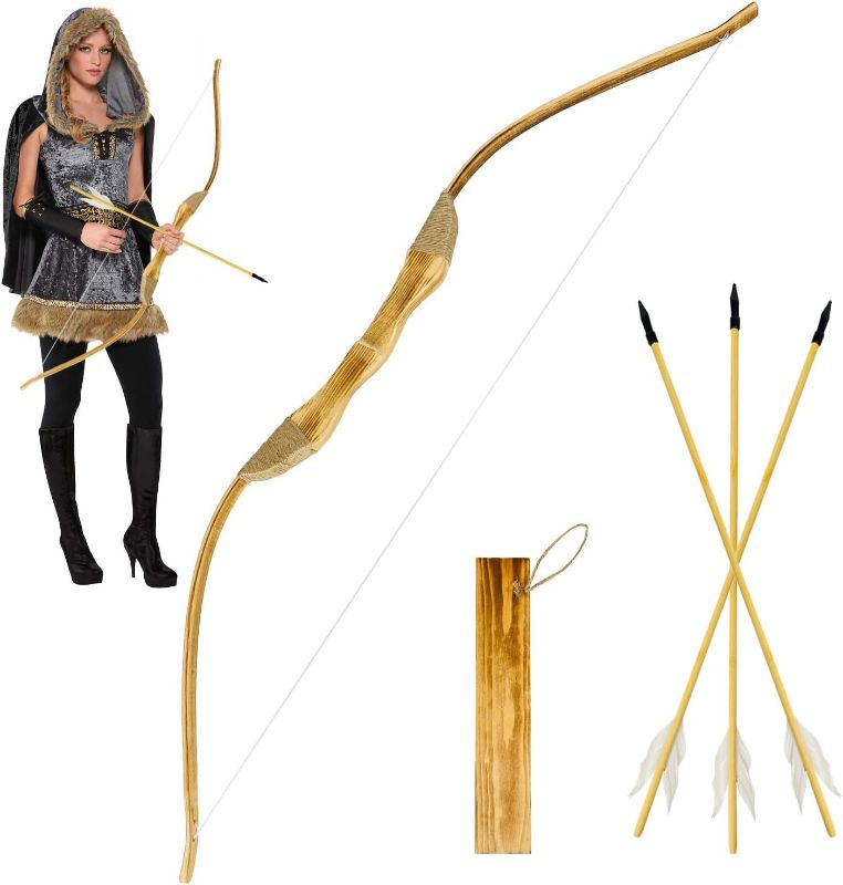 Photo 1 of Youth Wooden Bow and Arrow Set, 40 Inch Handmade Wooden Bow and Arrow Cosplay Costume Prop Archery Set Games Toys, 1 Bows 1 Quivers and 3 Feather Arrows, Gifts for Kids Youth Boys and Girl