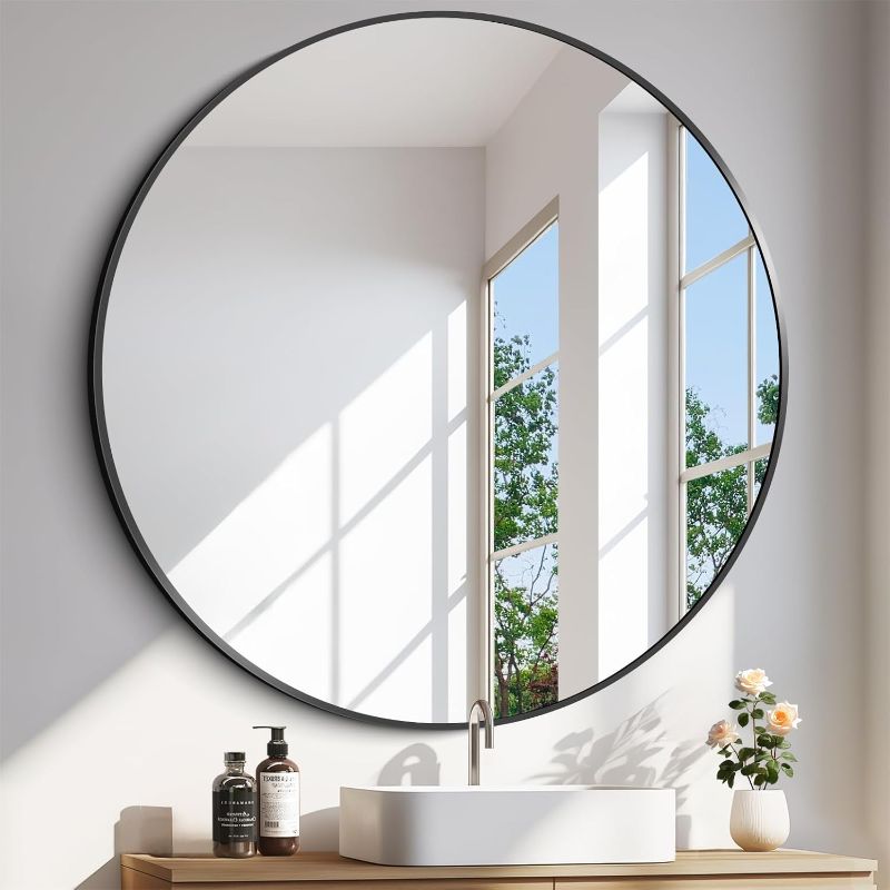 Photo 1 of Black Round Mirror 39 inch Large Circle Mirror, Aluminum Alloy Metal Frame Bathroom Mirror, Round Wall Mirror, Circle Mirrors for Wall Entryway Bedroom Living Room