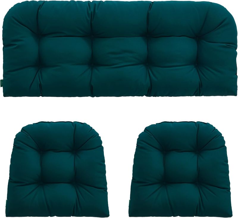 Photo 1 of Outdoor/Indoor All Weather Tufted Wicker Chair Cushions of 3 Pieces, 1 Loveseat and 2 U-Shape Waterproof Cushions for Patio Furniture,Wicker Loveseat,Bench-Dark Green