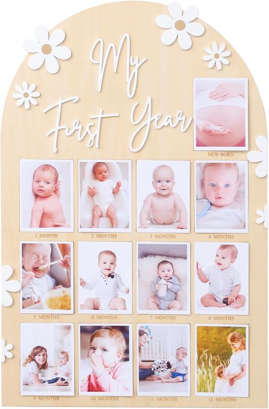 Photo 1 of One Year Birthday Wood Photo Board - Daisy 1st Birthday Decorations,My First Year Photo Milestone Board,Daisy 1st Birthday Monthly Milestone Memories,Daisy 12 Months Photo Banner