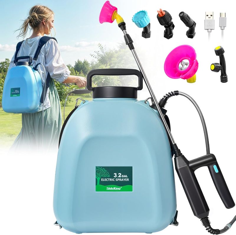 Photo 2 of Battery Powered Sprayer 3.2 Gallon, Battery Backpack Sprayer with USB Rechargeable Handle, 5 Mist Nozzles, 32" Telescopic Wand, Electric Back Pack Sprayer for Yard, Lawn and Garden ( Orange )