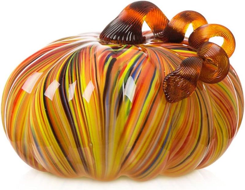 Photo 1 of Glitzhome 6.75 Inch Hand Blown Rainbow Striped Glass Pumpkin Table Accent for Fall & Harvest Thanksgiving Decoration