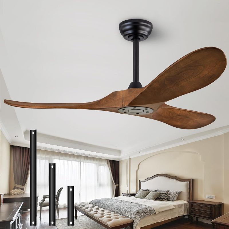 Photo 1 of 52" wood ceiling fan no light with remote control, indoor outdoor wood ceiling fan with 3 wood blades for patio, living room, bedroom, farmhouse and more.…