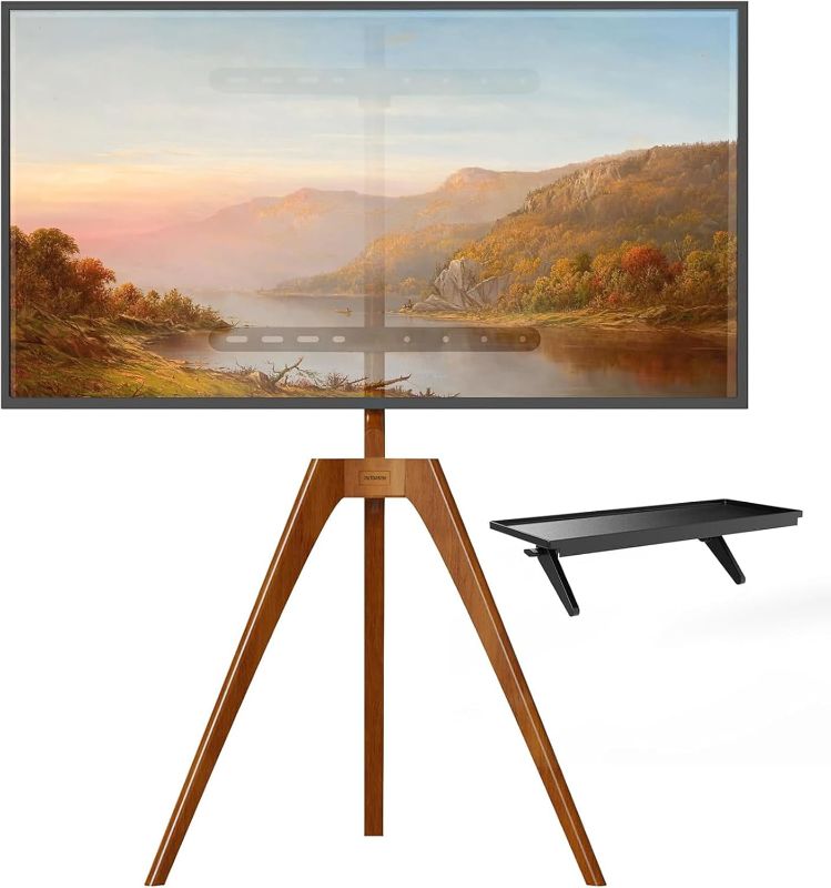 Photo 1 of PUTORSEN Premium Wood Easel TV Stand, Adjustable TV Tripod Stand for 45-65 Inch LED LCD Screen, Swivel TV Floor Stand with Top TV Shelf and Magnetic Concealed Cable Management, Max Load 88lbs, Walnut