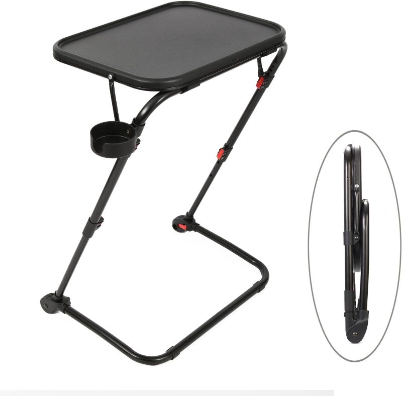 Photo 1 of No Tools Adjustable Folding TV Tray Table Desk with Cup Holder for Home, Office, Foldable, Portable, Stable, Lightweight, Storage, Small Space, 4 Heights Adjustment & 3 Tilt Angles, No Assembly