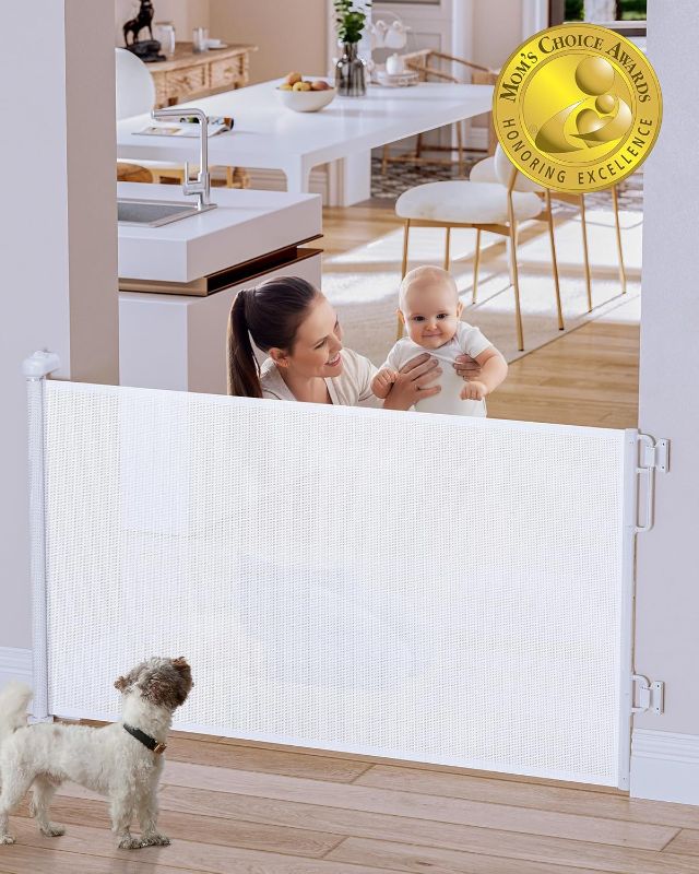 Photo 1 of Cumbor Dog Gate Retractable Baby Gates for Doorways, Family & Mom's Choice Awards Winner- 55" Wide Mesh Pet Gate for Dogs, 34" Tall Safety Gates for The House,Puppy Gate Indoor & Outdoor, White