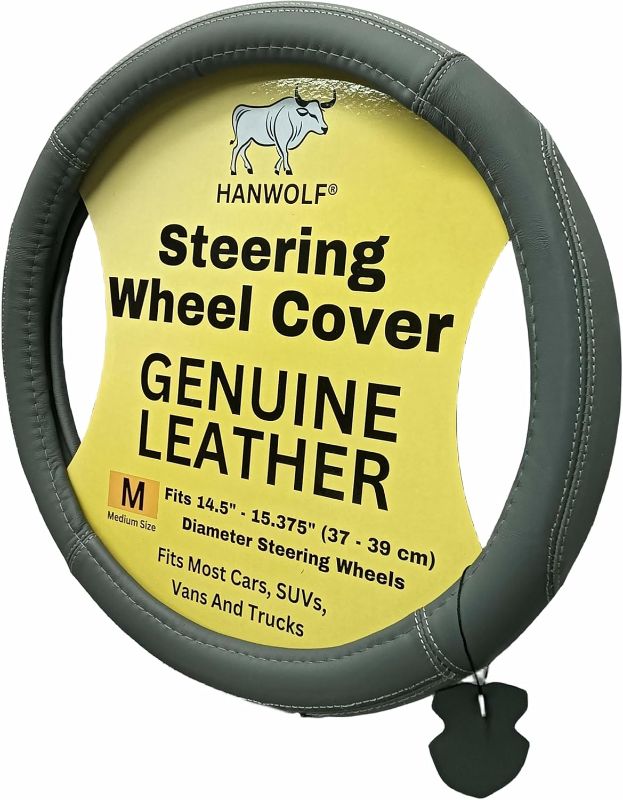 Photo 1 of Leather Car Steering Wheel Cover, Light Gray and Dark Gray, 15 inch, for Men and Women, Real, Universal, Stretch On, Heat Resistant, Stays Cool, Non-Slip, HANWOLF