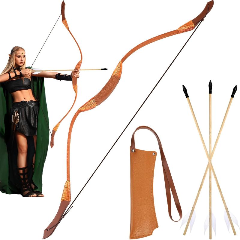 Photo 1 of Youth Wooden Bow and Arrow Set Leather Quiver 40 Inch Medieval Wooden Bow and Arrow Halloween Cosplay Costume Prop, 1 Bow 1 Quiver and 3 Feather Arrows for Teen Boys Girls