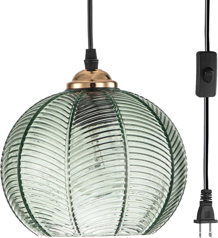 Photo 1 of Plug in Pendant Light, Green Glass Pendant Light 14.75ft Hanging Light with Plug in Cord Hand Blown 1-Light Hanging Lamp Plug in Pendant Lighting for Kitchen Bedroom Living Dining Room