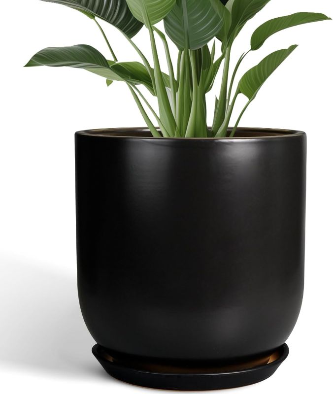 Photo 1 of Ceramic Planter Pot - 12 Inch Large Plant Pot with Drainage Hole and Saucer Modern Flower Pot for Indoor Outdoor Plants Home Garden Decor Black