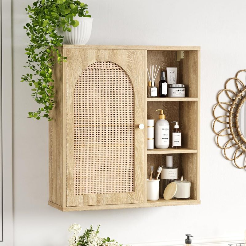 Photo 1 of Rattan Bathroom Wall Cabinet with Door, Boho Medicine Wall Cabinets with Adjustable Shelves, Tall Kitchen Wall Mounted Storage Cabinet, Floating Hanging Cabinet Space Saver for Laundry Room, Natural