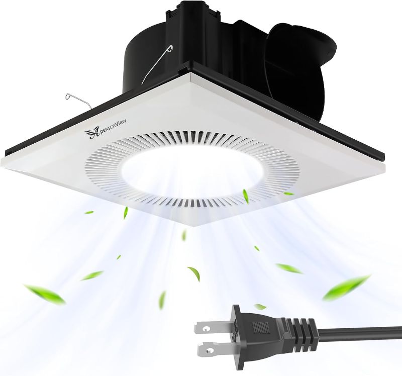 Photo 1 of Bathroom Exhaust Fan with Light, 25W Bathroom Fan with LED Light, 6400K Fan and Light Combo for Home, 130 CFM,1.0 Sones Quiet Square Bathroom Vent Fan Light Combo,4 In Duct 110V (White, With Plug)