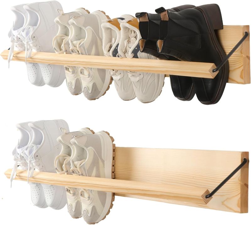 Photo 1 of Mifoci 2 Pcs Wall Mounted Shoe Rack Wooden Shoe Rack Organizer Wall Shoe Holder Modern Compact Wood Rv Shoe Storage for Sneaker Footwear Slipper Boots Entryway Narrow Spaces Hallway(39.37'' Long)