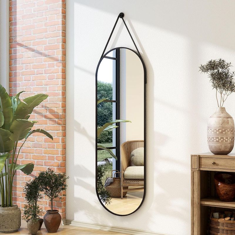 Photo 1 of 16''x48'' Full Length Mirror with Hanging Leather Cord,Modern Aluminum Frame Full Body Hanging Mirror for Bathroom Vanity Living Room Bedroom Entrance