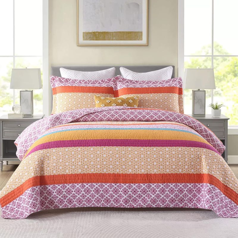 Photo 1 of SahSahCasa Quilt King Size, King Quilt Set, 100% Cotton King Quilt Bedding Set Bedspreads Boho, Bohemian Reversible Lightweight Floral Patchwork Bed Spread for King Bed, Purple/Orange, 3Pcs