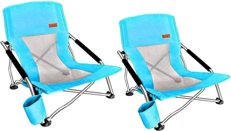 Photo 1 of Nice C Adults Low Beach Chair, Sling, Folding, Portable, Concert, Kids, Boat, Sand Chair with Cup Holder & Carry Bag (2 Pack of Blue)