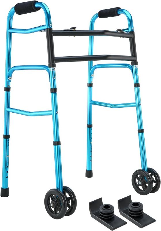 Photo 1 of OasisSpace Heavy Duty Folding Walker, Bariatric Walker with 5 Inches Wheels for Seniors Wide Walker Supports up to 500 lbs [Walker Accessories Included] (Heavy Duty Size)