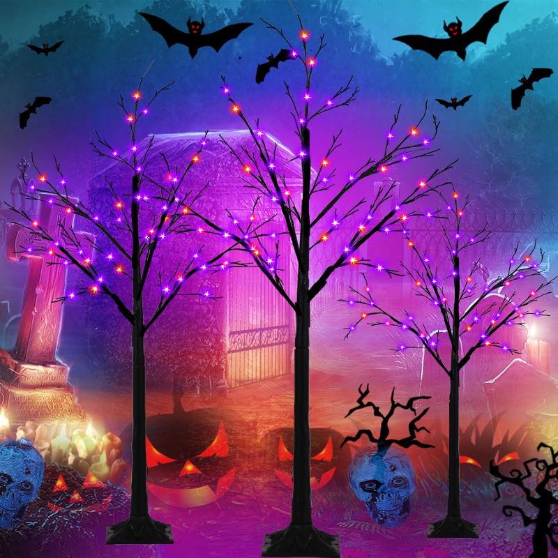 Photo 1 of Set of 3 Lighted Black Halloween Tree 4FT 5FT and 6FT, Higher Size, Timer Function Orange & Purple Spooky Tree with 96 LED Lights for Indoor & Outdoor Halloween Decorations Yard Garden Home Party