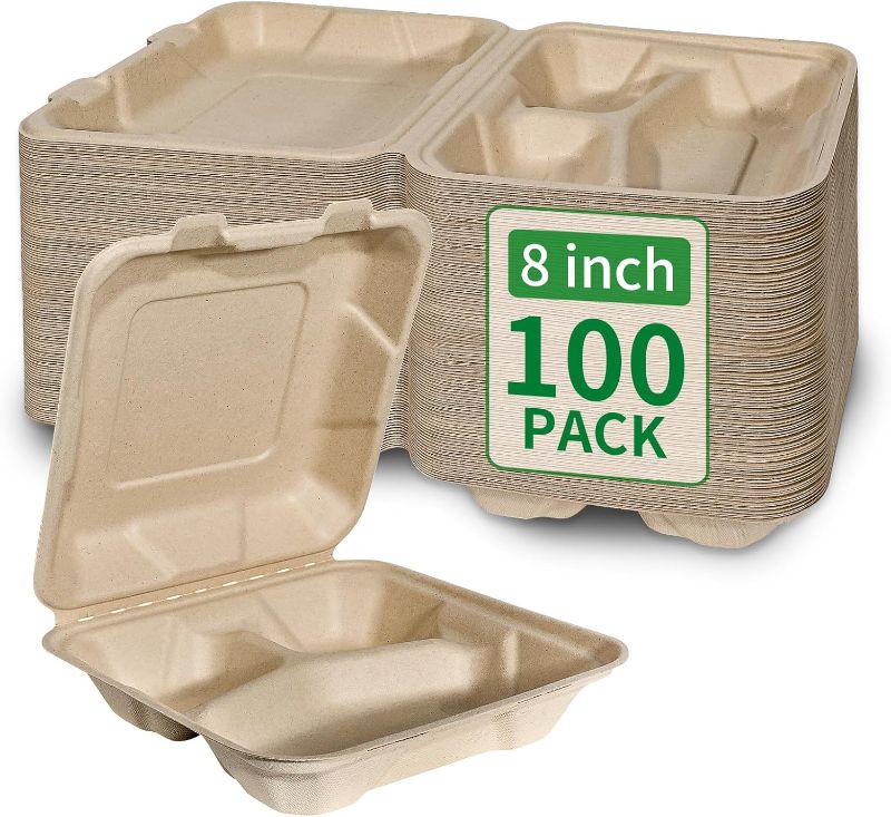 Photo 1 of Aricsen Compostable 100 Pack 8x8 Inch 3 Compartment Takeout Lunch Box Containers with Lid, To Go Take Out Clamshell for Food, Disposable Eco-Friendly Biodegradable Bagasse, PFAS-Free, Unbleached Brown