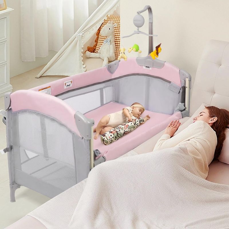 Photo 1 of 5-in-1 Baby Girl Bassinet Bedside Crib, Pink Bassinet Pack and Play Bedside Crib for Baby Girl